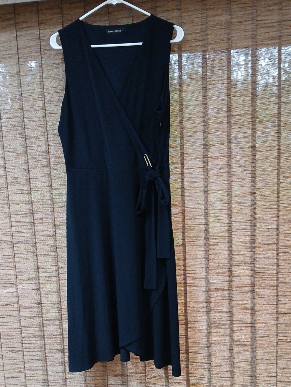 Ivanka Trump Dark Blue Sleeveless Faux-Wrap Midi Dress with Side Tie